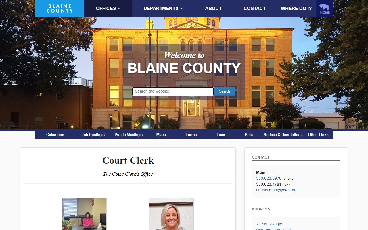 Blaine County Court Clerk page naming Christy Matli with District Court record duties
