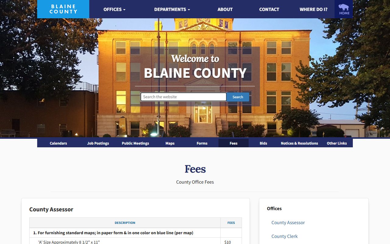 Blaine County fee schedule listing County Clerk recording, copy, and certified fees