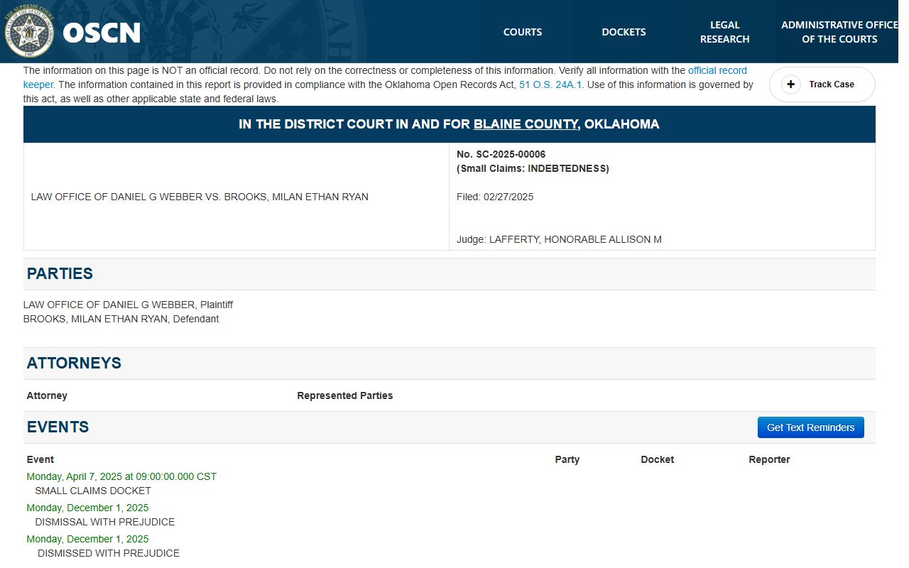Blaine County court docket sample small-claims case on OSCN