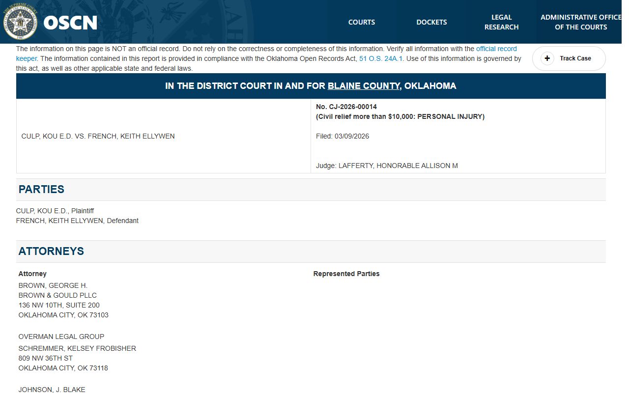 Blaine County court docket sample civil case on OSCN