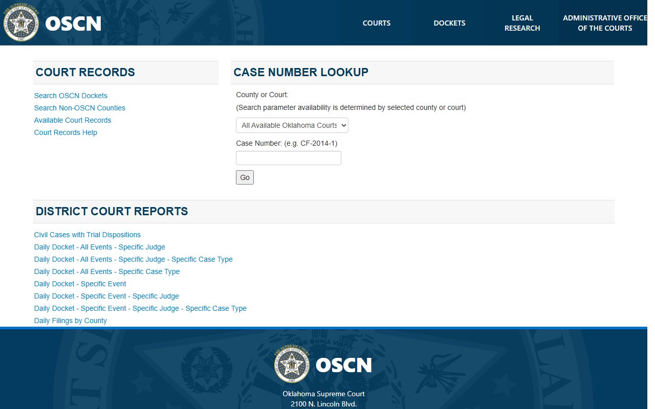 Blaine County court records search on the OSCN docket landing page