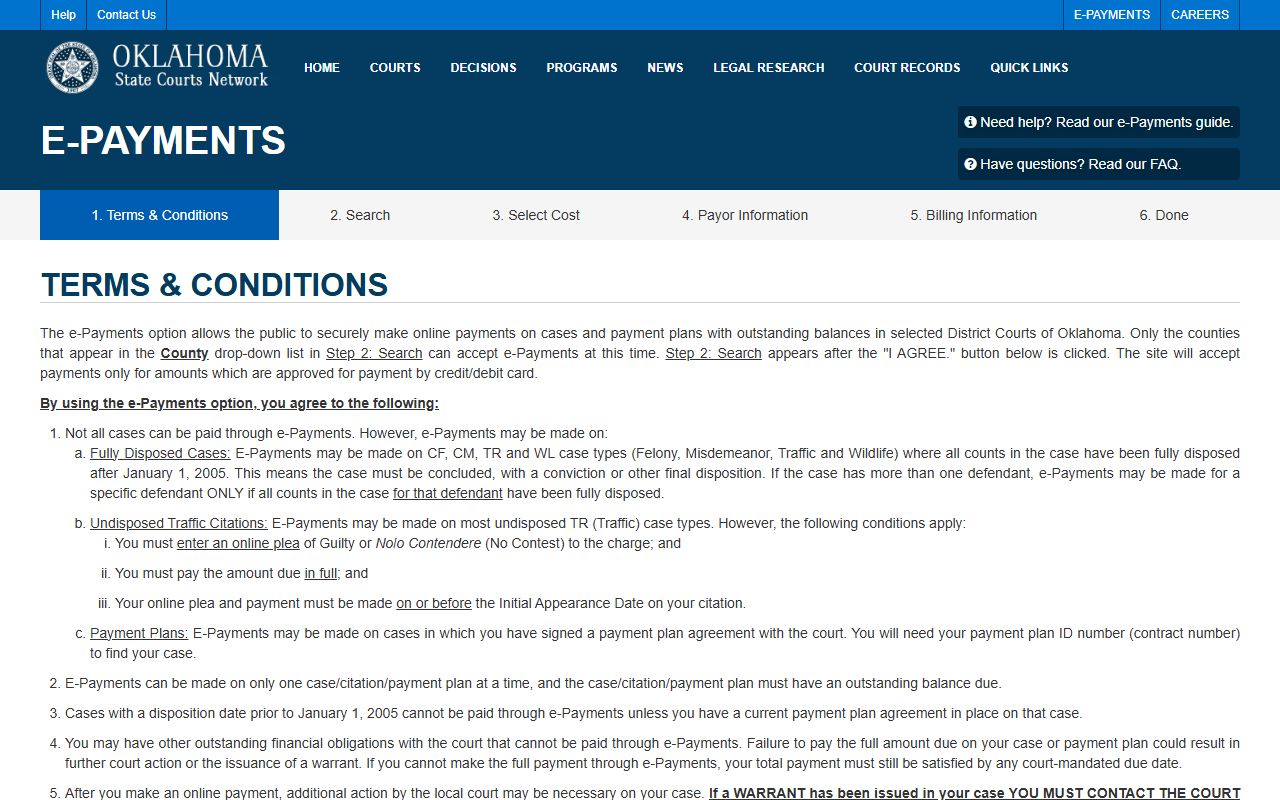 OSCN e-payments terms page for Blaine County court records