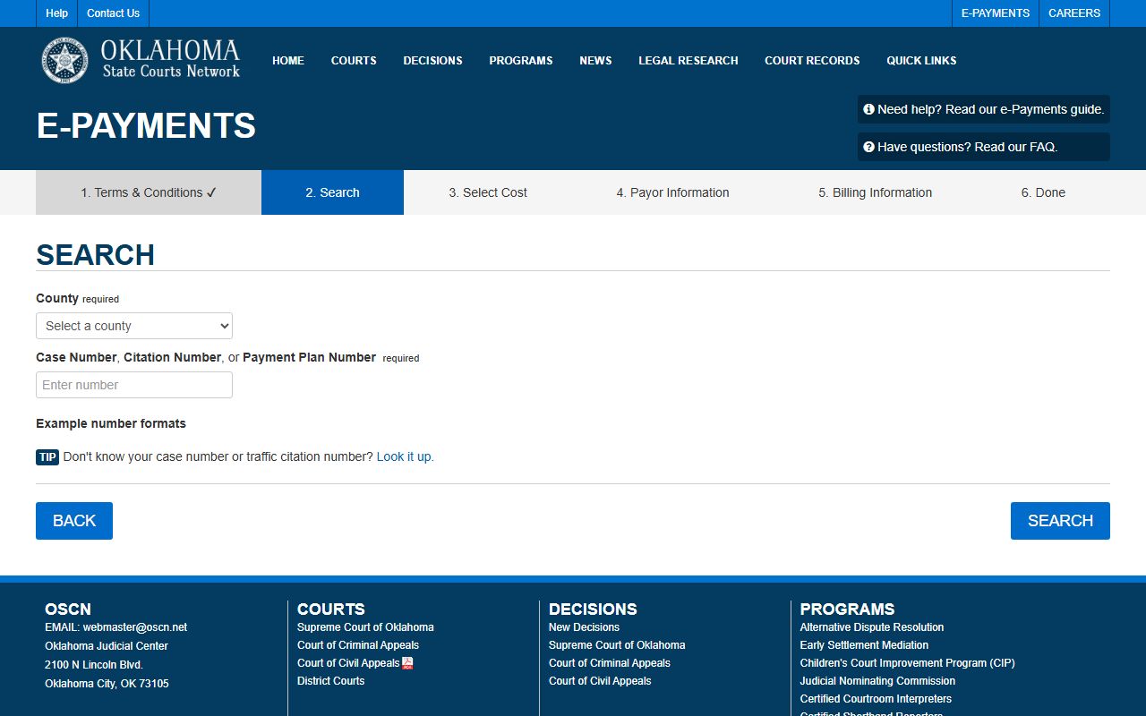 OSCN payment search page for Blaine County court records