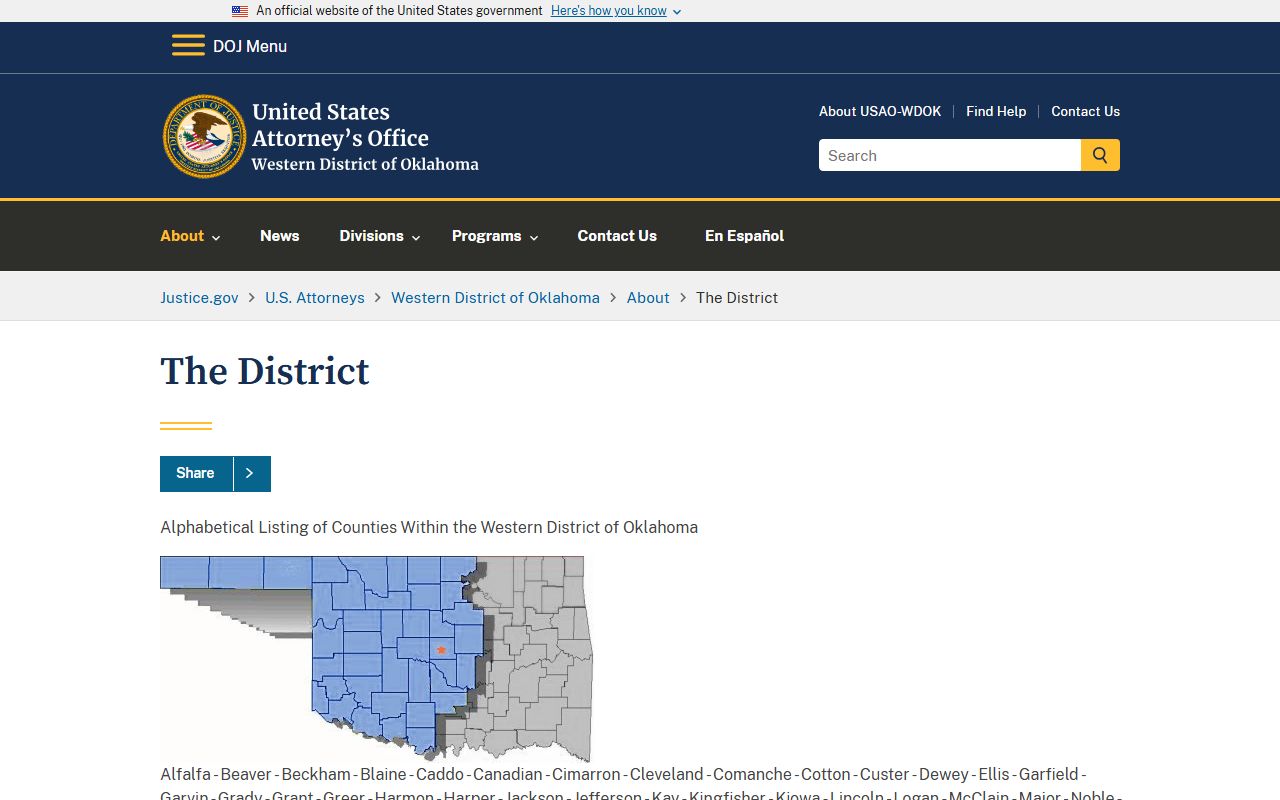 Blaine County criminal cases sit within the Western District of Oklahoma federal district