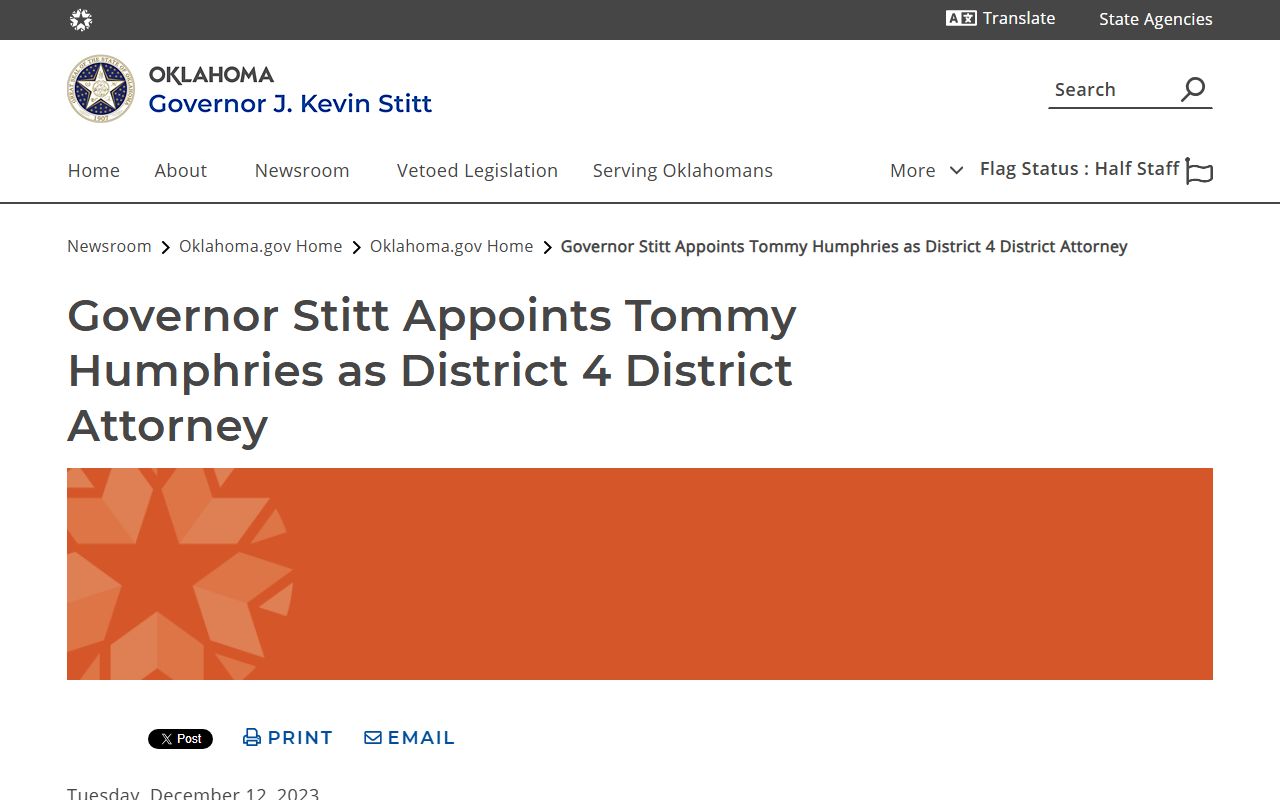 Governor announcement appointing the District 4 prosecutor for Blaine County District Court cases