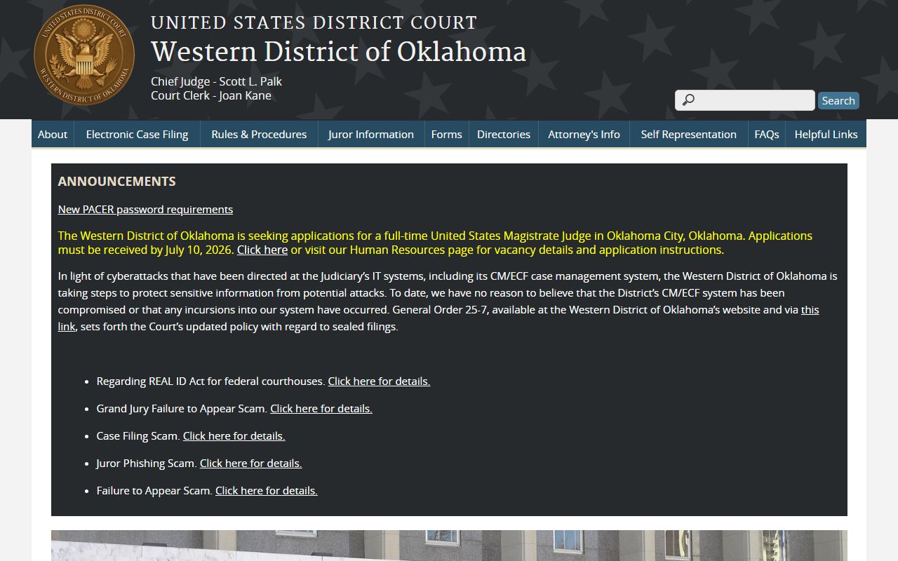 U.S. District Court Western District of Oklahoma site, separate from the Blaine County District Court