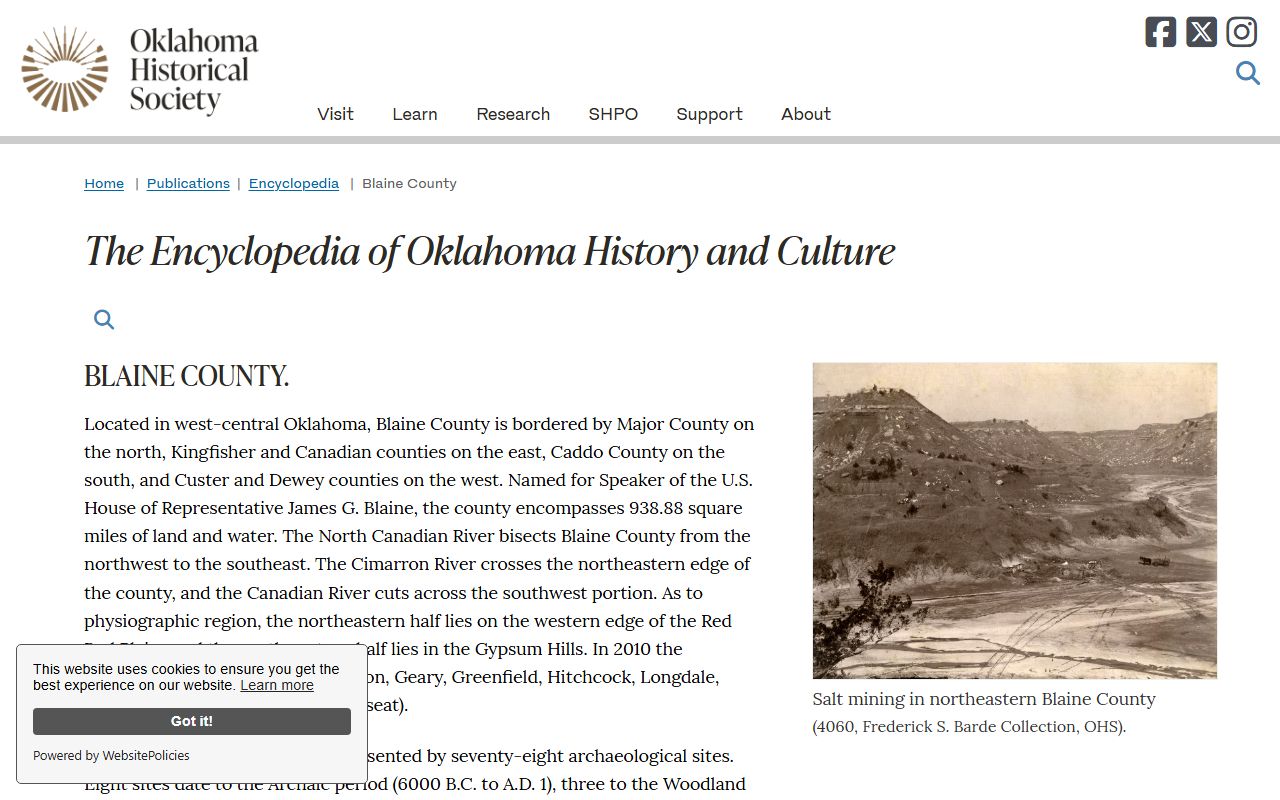 Oklahoma Historical Society Blaine County court records entry