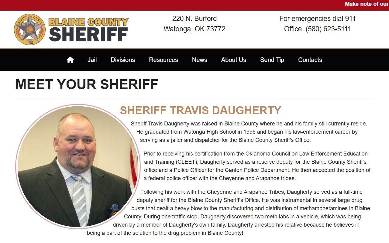 Blaine County Sheriff Travis Daugherty biography and jail oversight page