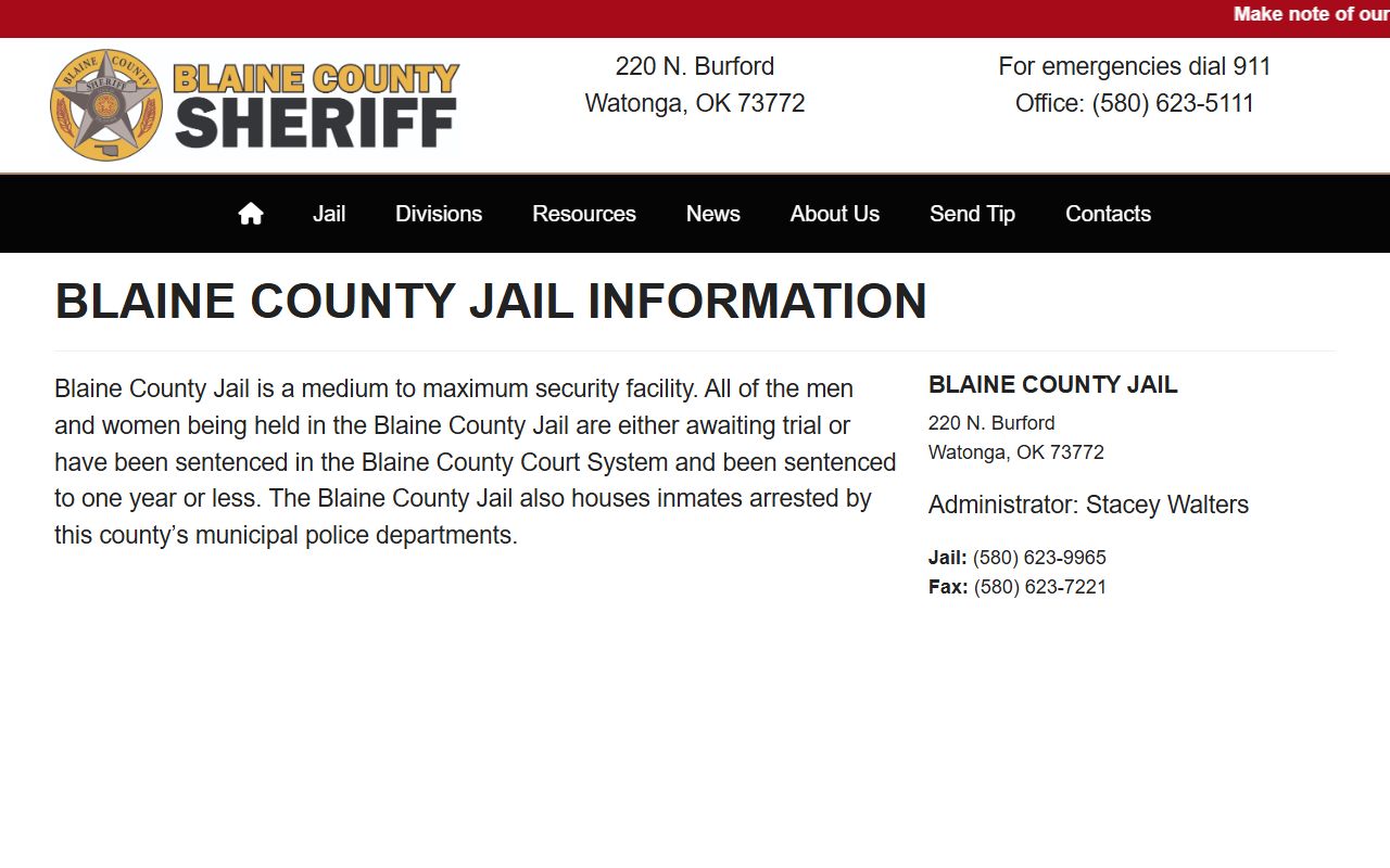 Blaine County Jail information page in Watonga