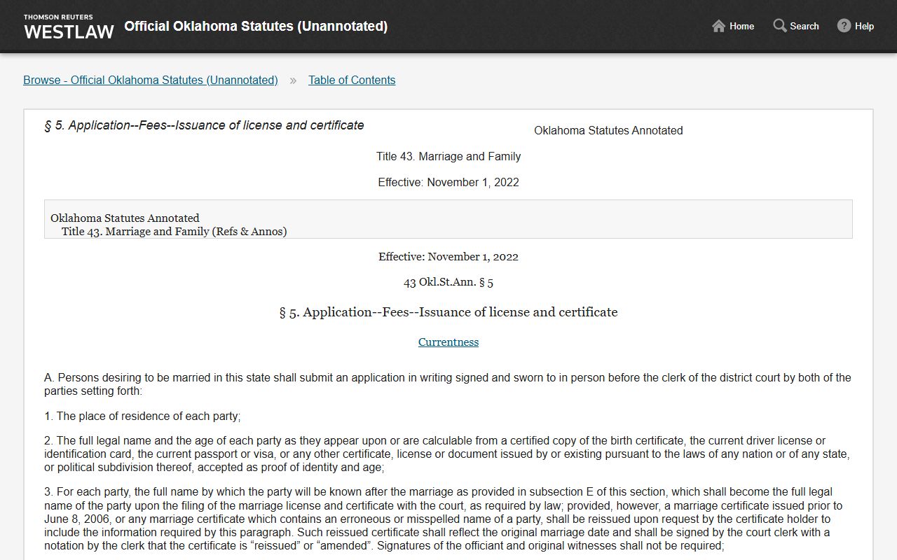 Oklahoma statute 43 O.S. 5 governing Blaine County marriage license applications and certificates