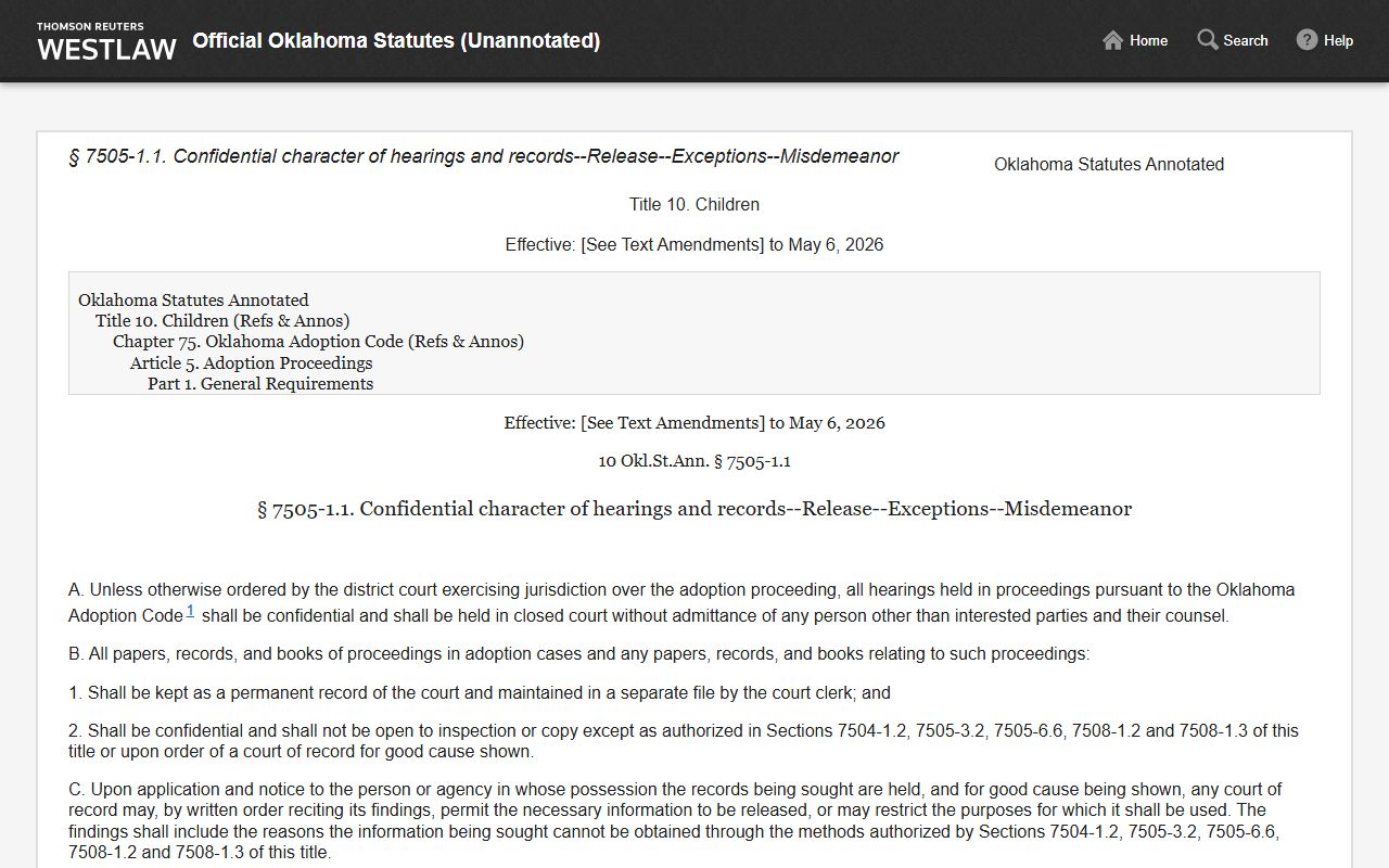 Oklahoma adoption confidentiality statute 10 O.S. 7505-1.1 limiting access to Blaine County family and divorce records