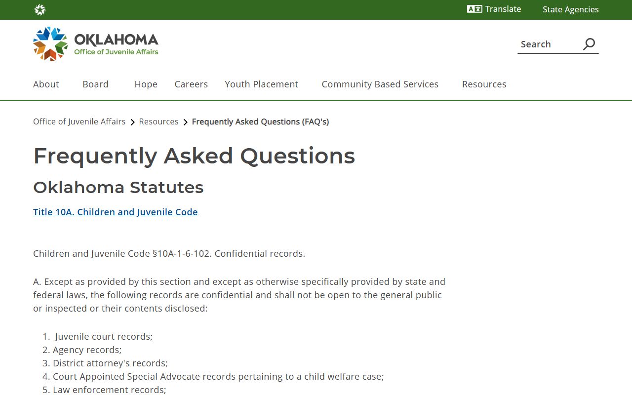 Oklahoma Office of Juvenile Affairs FAQ on confidentiality that limits access to certain Blaine County probate and guardianship records