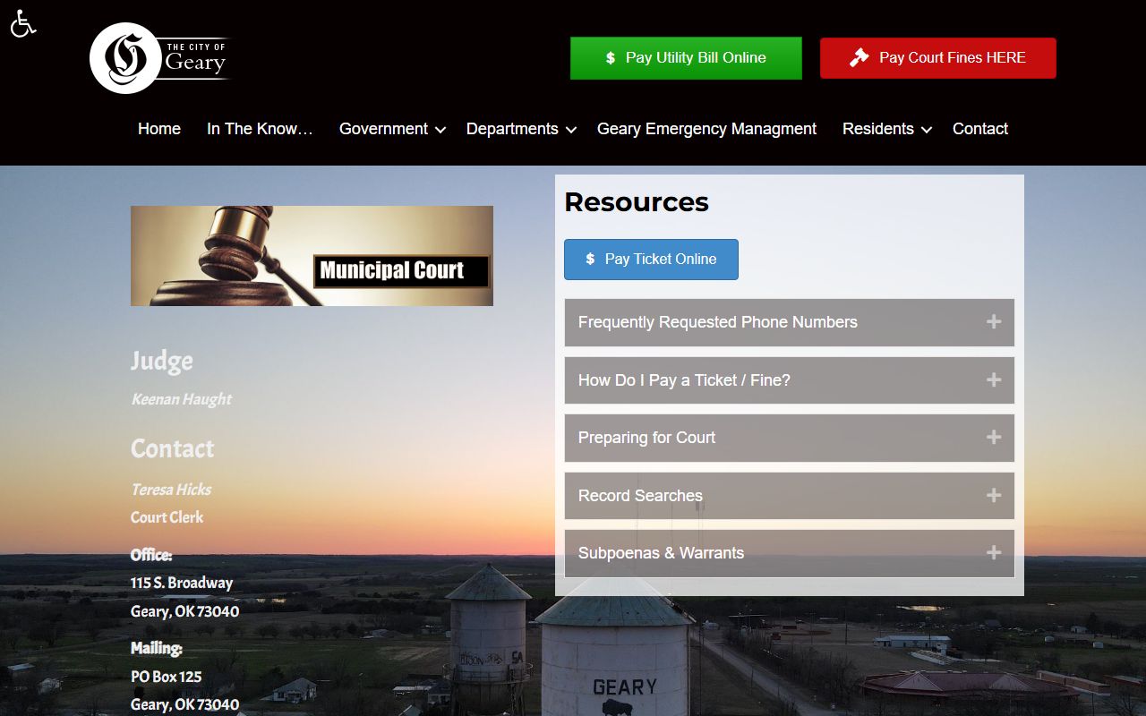Geary Municipal Court page for Blaine County traffic citations and ticket payments