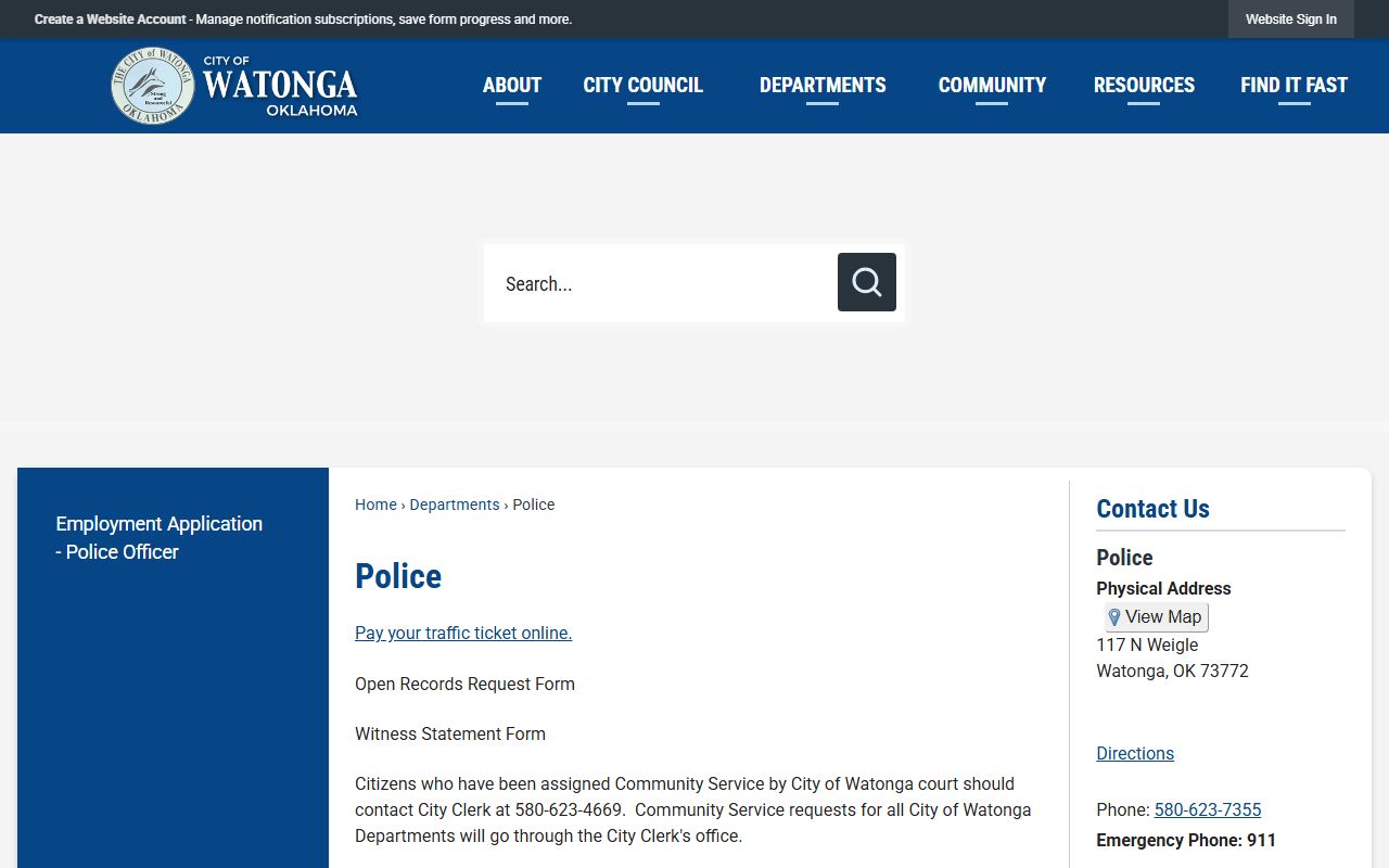 Watonga Police page for Blaine County traffic ticket payment and open records