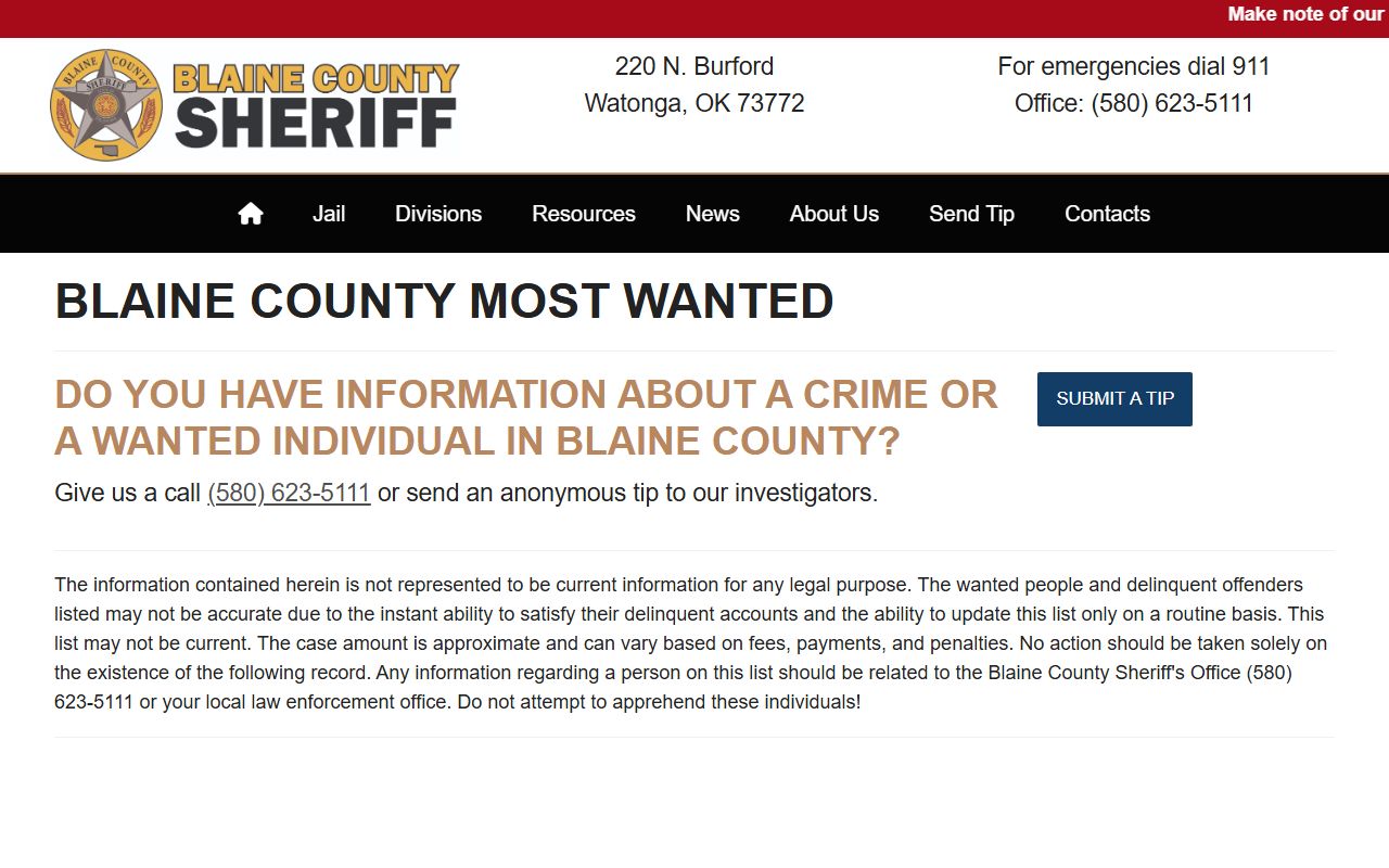 Blaine County warrant lead on the Sheriff Most Wanted page